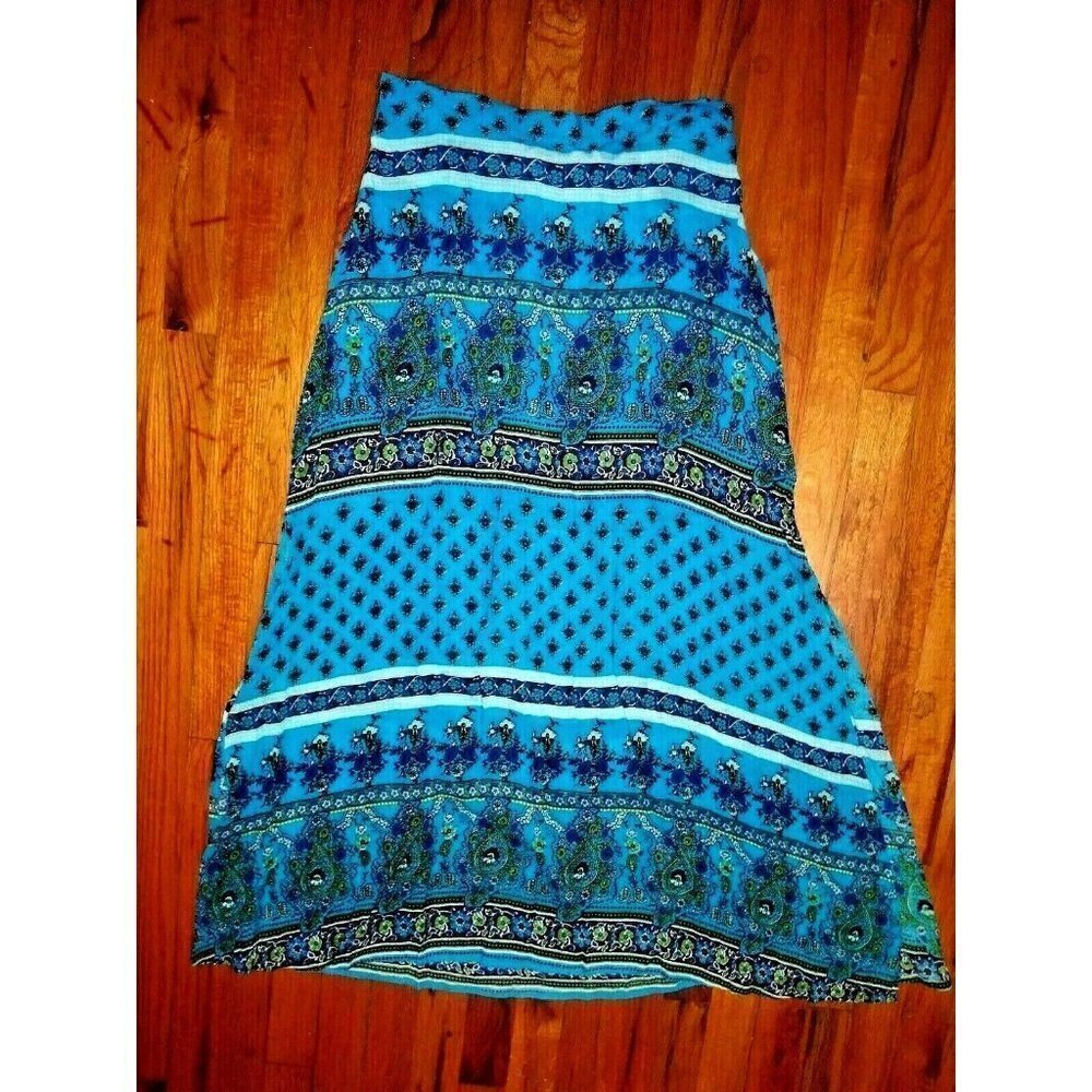Womens L maxi skirt Cottagecore Peasant modest Boho printed teal blue side slits
